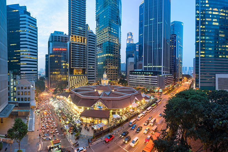 Aerial view of Singapore buildings and street